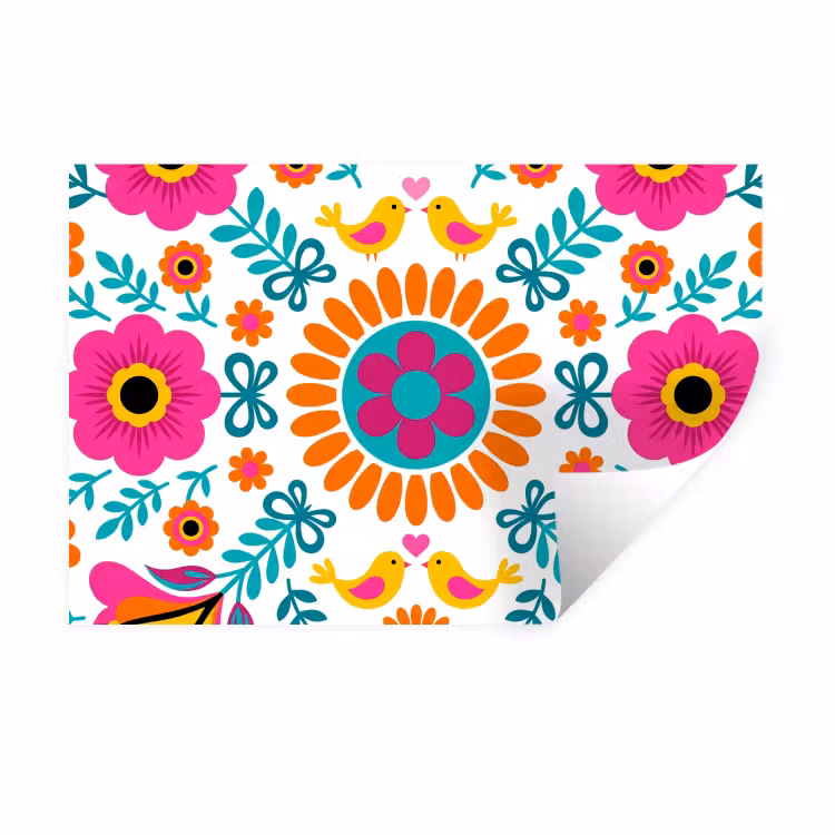 Muursticker - Bloemen - Vogel - Patroon - Kleurrijk - Modern — 1