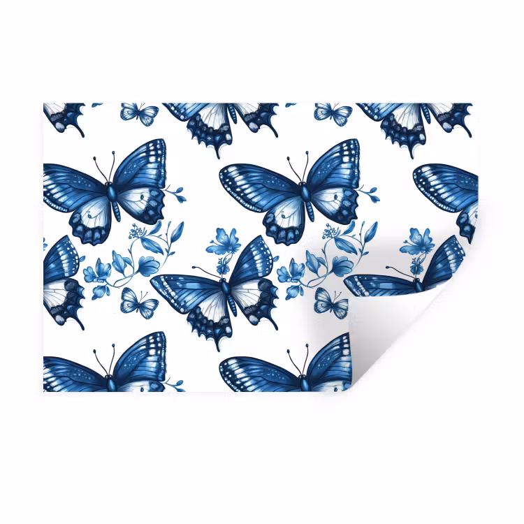Muursticker - Blauw - Vlinders - Bloemen - Wit — 1