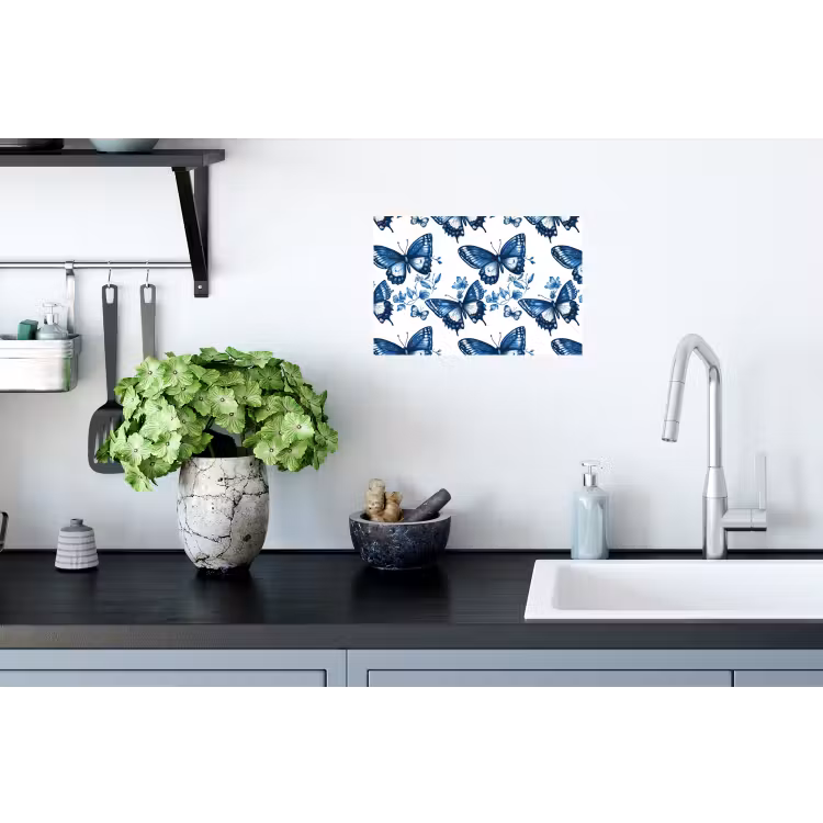 Muursticker - Blauw - Vlinders - Bloemen - Wit — 2