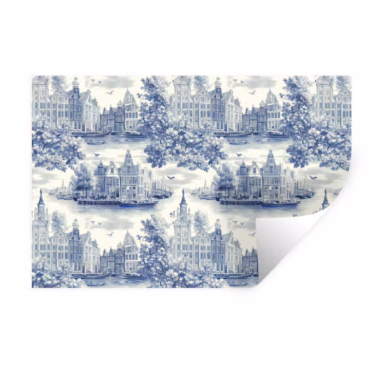 Muursticker - Huizen - Bomen - Water - Vogels - Blauw — 1