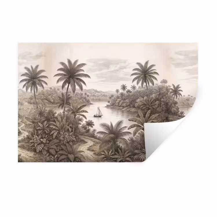 Muursticker - Landschap - Rivier - Boot - Tropisch - Vintage — 1