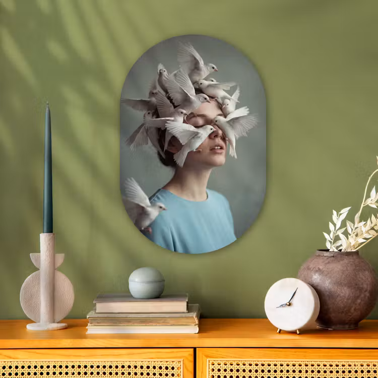 Muurovaal - Kunststof - Vrouw - Vogels - Abstract - Modern - Wit — 1