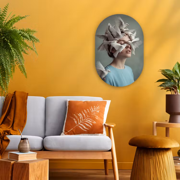 Muurovaal - Kunststof - Vrouw - Vogels - Abstract - Modern - Wit — 2