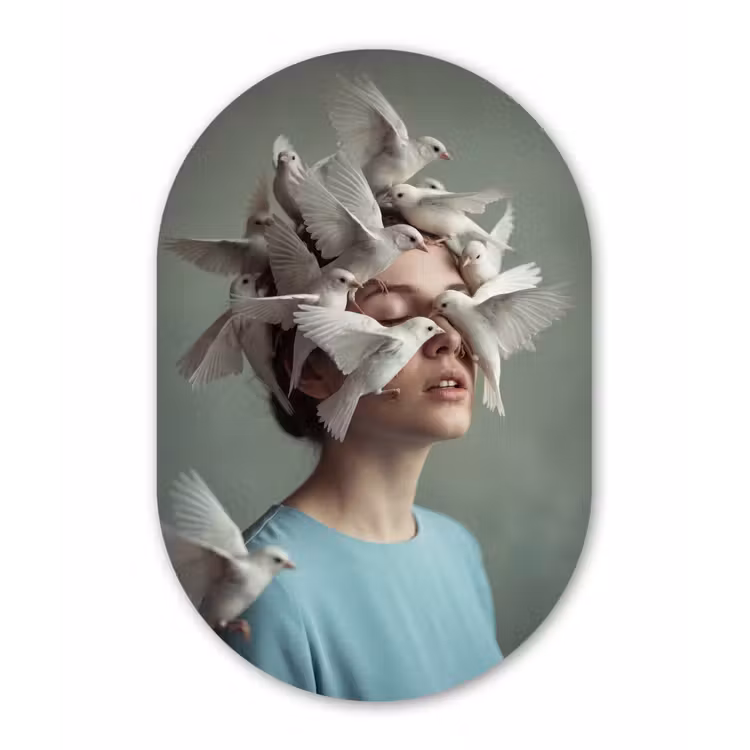Muurovaal - Kunststof - Vrouw - Vogels - Abstract - Modern - Wit — 3