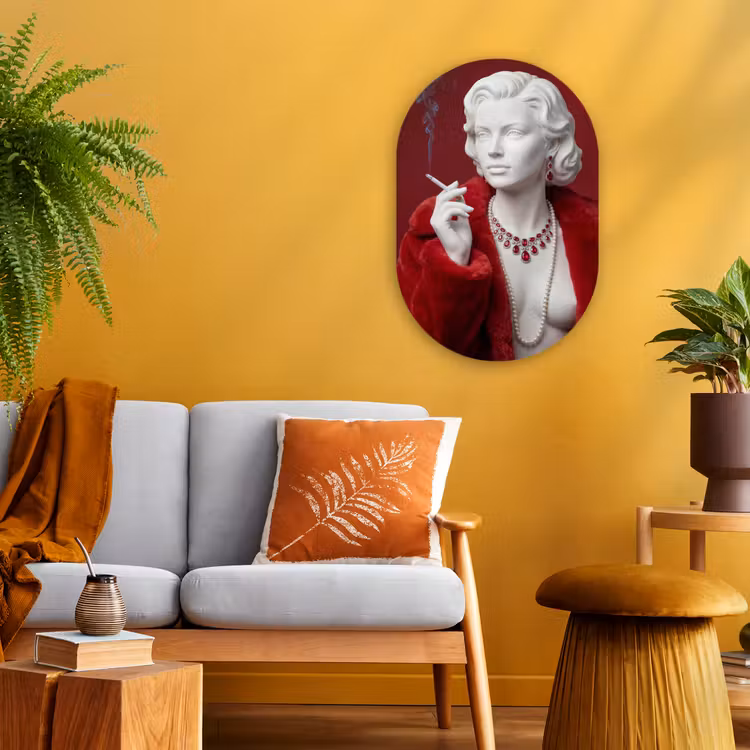 Muurovaal - Kunststof - Vrouw - Bontjas - Mode - Klassiek - Rood — 1