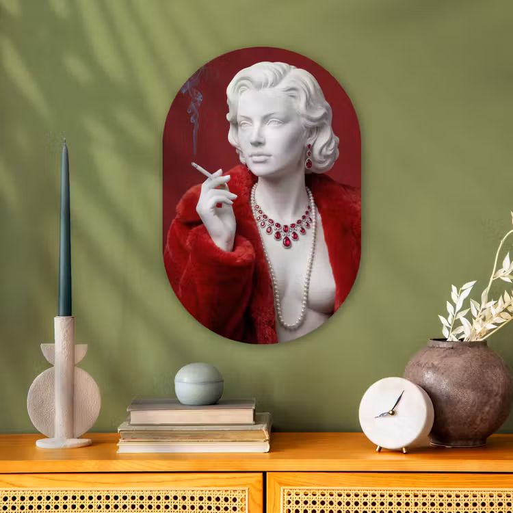 Muurovaal - Kunststof - Vrouw - Bontjas - Mode - Klassiek - Rood — 2