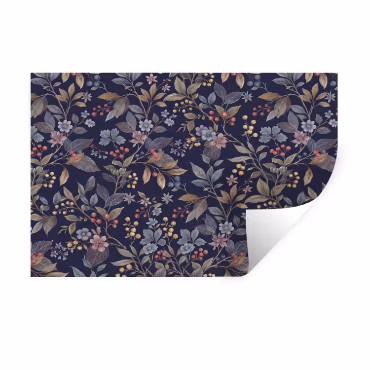 Muursticker - Bloemen - Bladeren - Patroon - Botanisch - Donkerblauw — 1