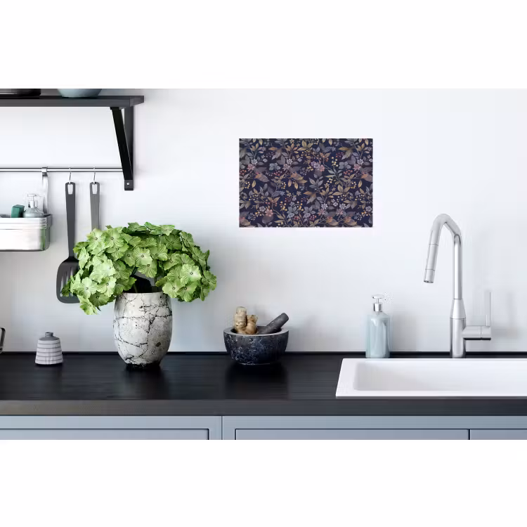 Muursticker - Bloemen - Bladeren - Patroon - Botanisch - Donkerblauw — 2