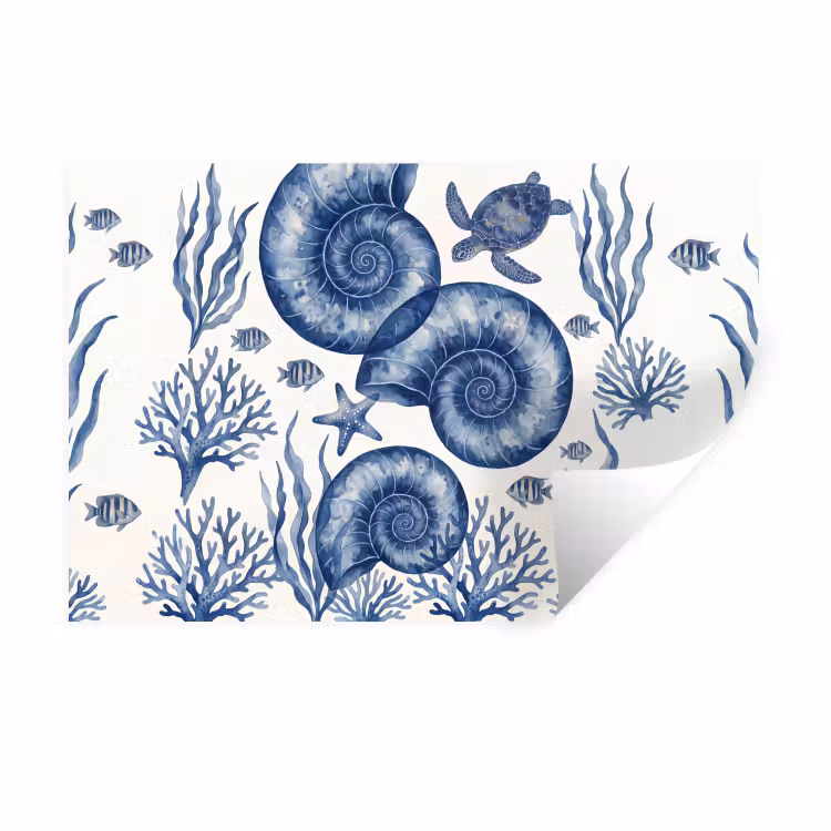 Muursticker - Schelp - Spiraal - Zeeleven - Aquarel - Blauw — 1