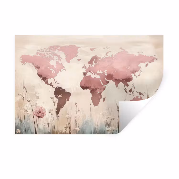 Muursticker - Wereldkaart - Roze - Bloemen — 1