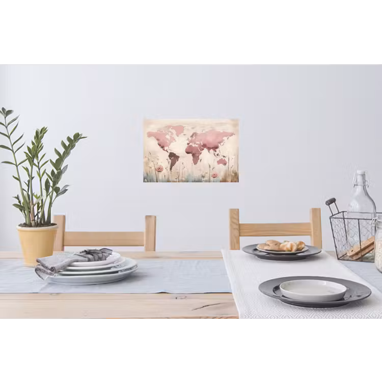 Muursticker - Wereldkaart - Roze - Bloemen — 3