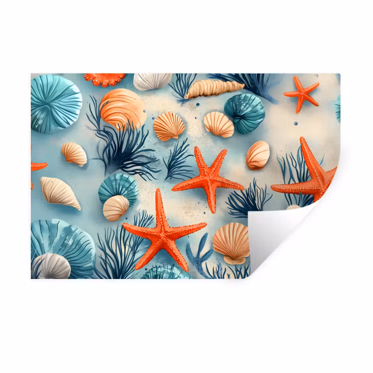 Muursticker - Zeesterren - Schelpen - Illustratie - Zand — 1