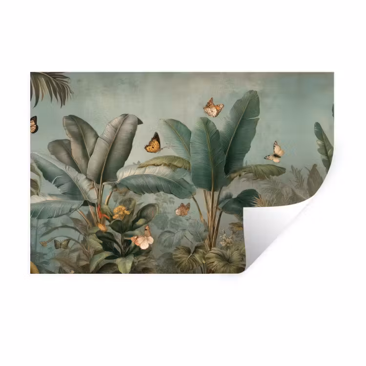 Muursticker - Tropisch bladerdek - Vlinders - groen - Bruin — 1