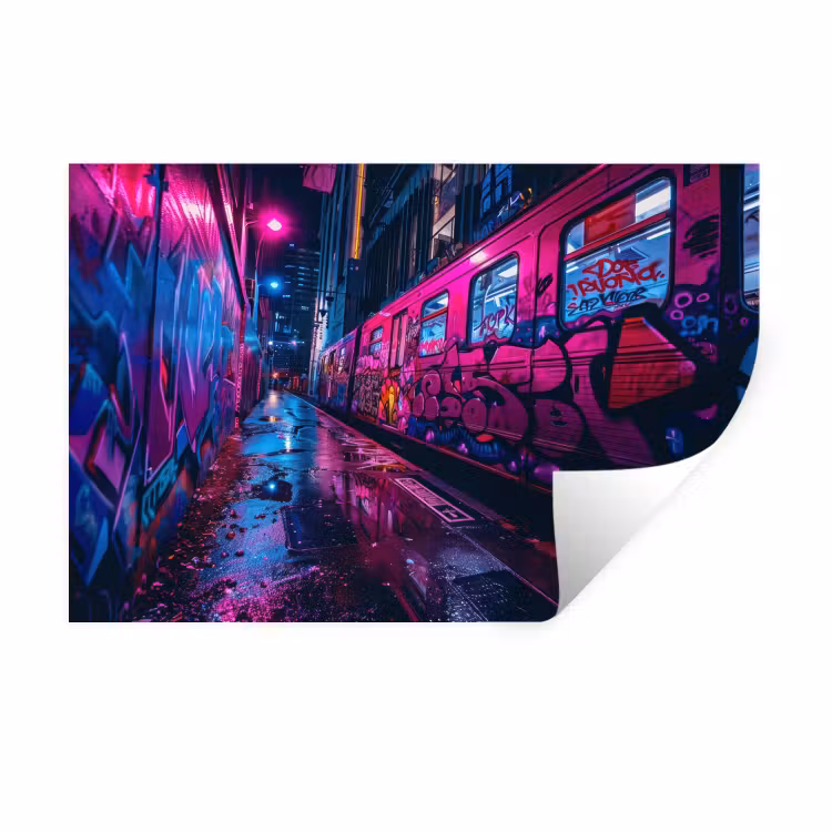 Muursticker - Stad - Neon - Nacht - Roze - Graffiti — 1
