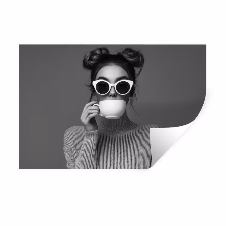Muursticker - Vrouw - Koffie - Zwart - Wit — 1
