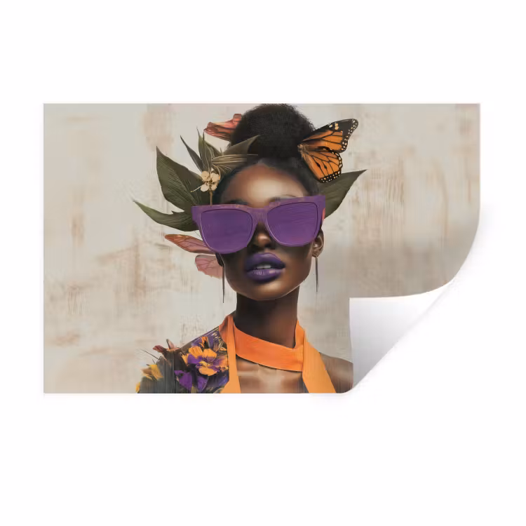 Muursticker - Vrouw - Zonnebril - Vlinder - Bloemen — 1