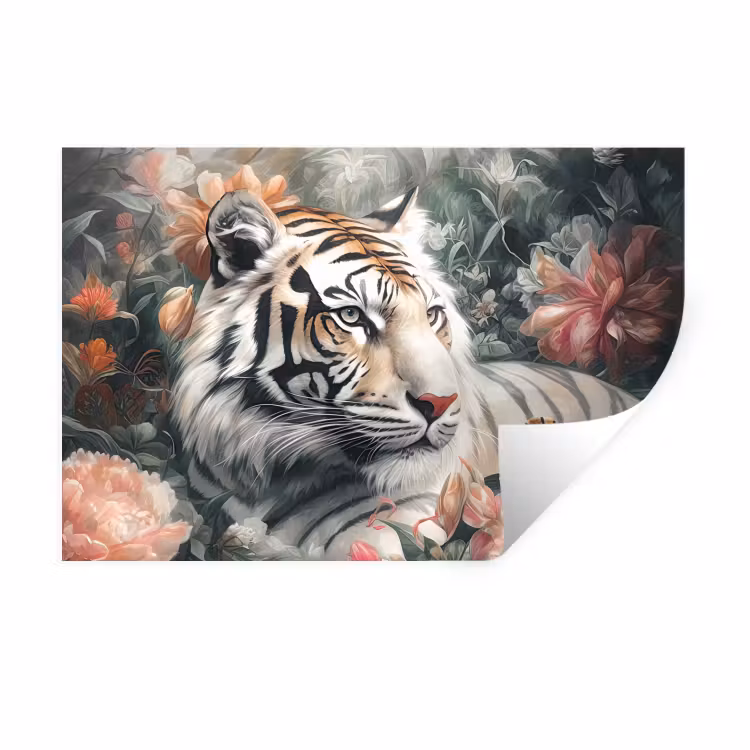Muursticker - Tijger - Wilde dieren - Bloemen - Jungle — 1