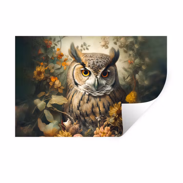 Muursticker - Uil - Vogels - Bloemen - Natuur — 1