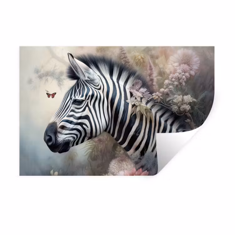 Muursticker - Zebra - Wilde dieren - Vlinder - Bloemen — 1