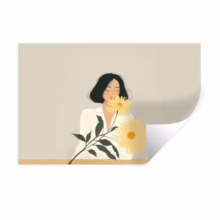 Muursticker - Vrouw - Bloem - Geel - Minimalistisch — 1