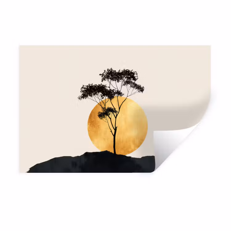 Muursticker - Zwarte boom - Gouden cirkel - Heuvel — 1