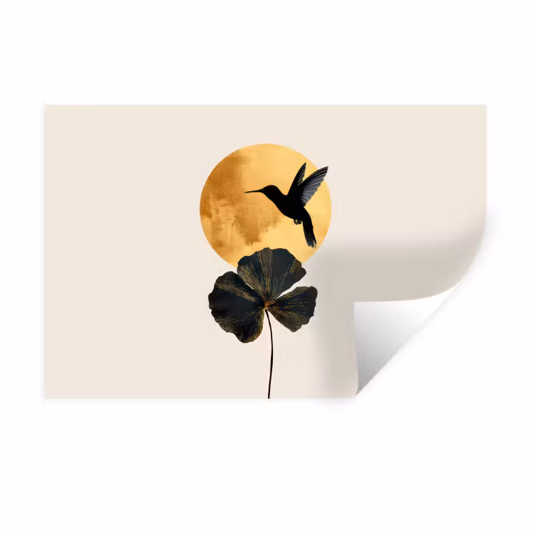 Muursticker - Zwarte kolibrie - Bloem - Gouden cirkel — 1