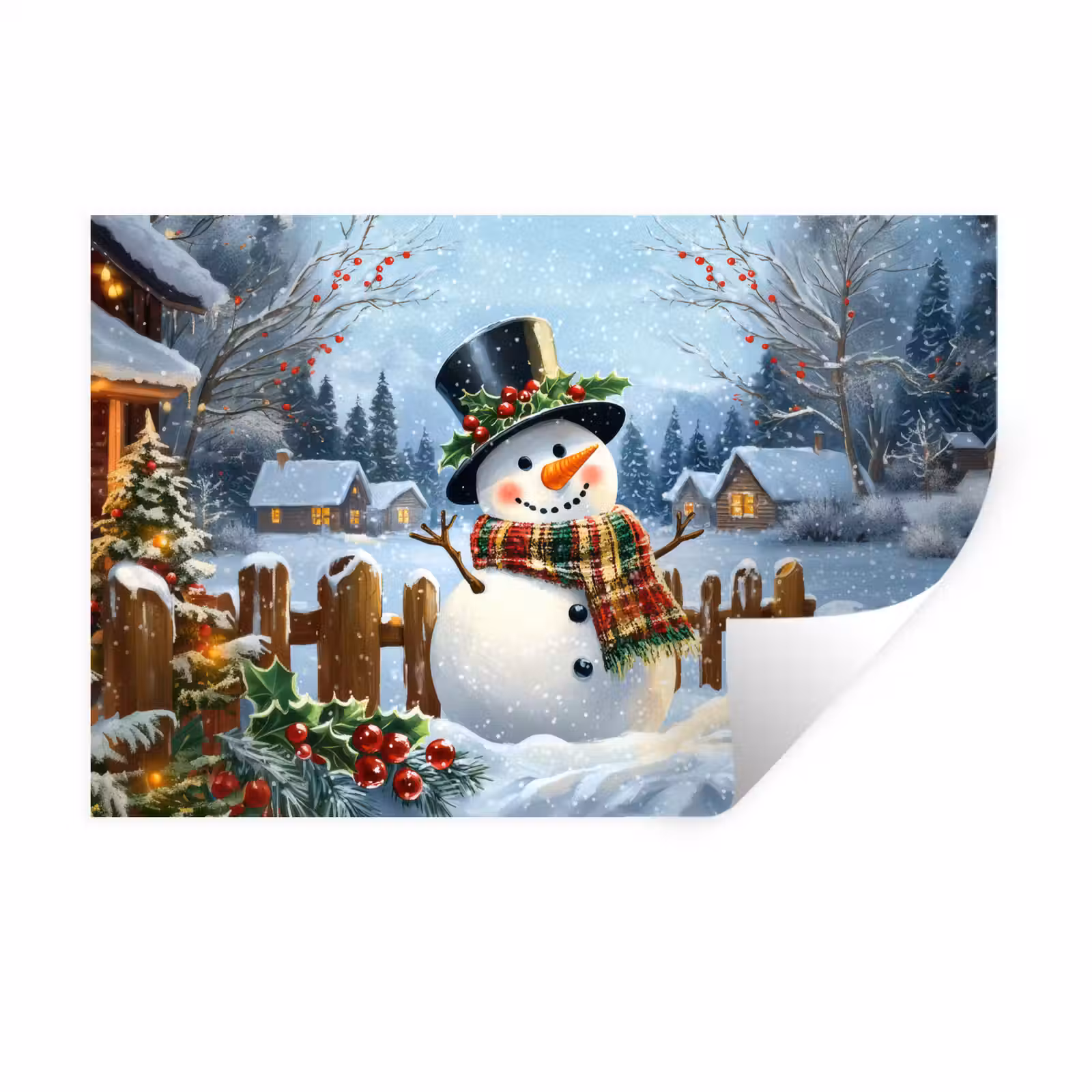 Muursticker - Sneeuwpop - Winterdorp - Kleurrijk — 1
