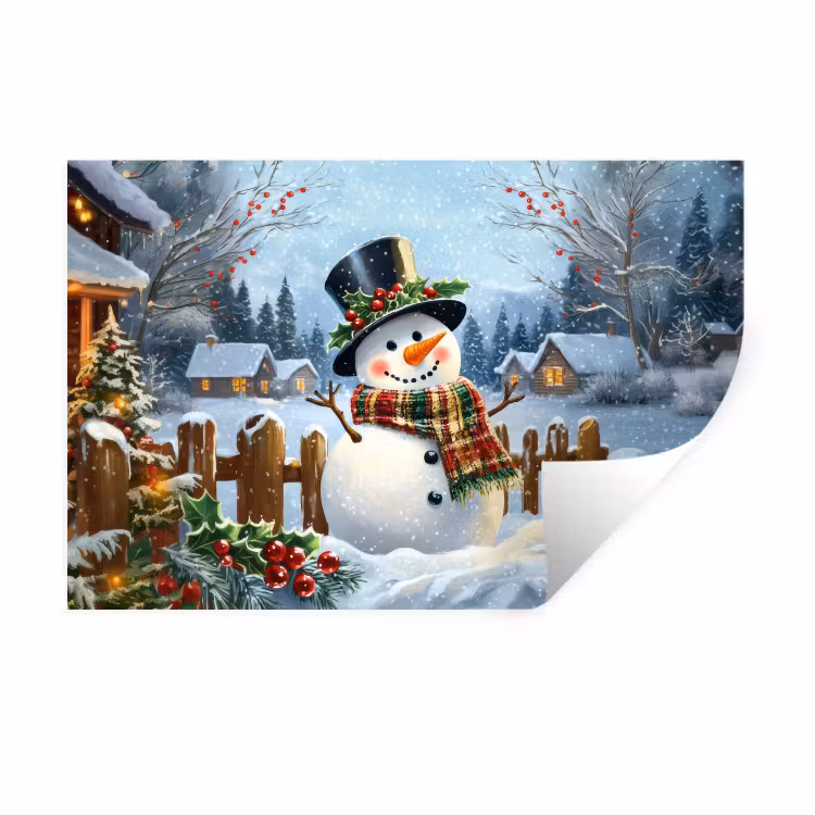 Muursticker - Sneeuwpop - Winterdorp - Kleurrijk — 1