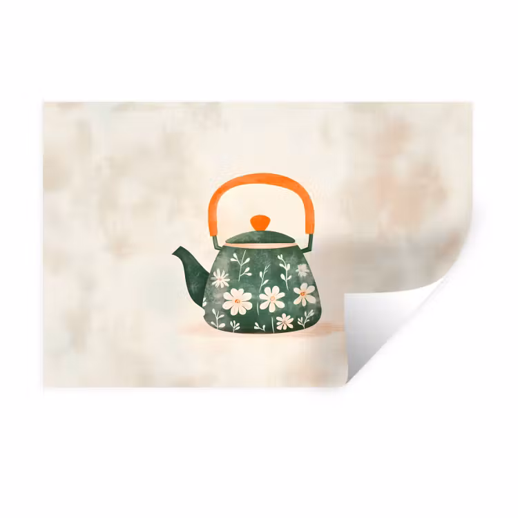 Muursticker - Theepot - Groen - Bloemen - Oranje — 1