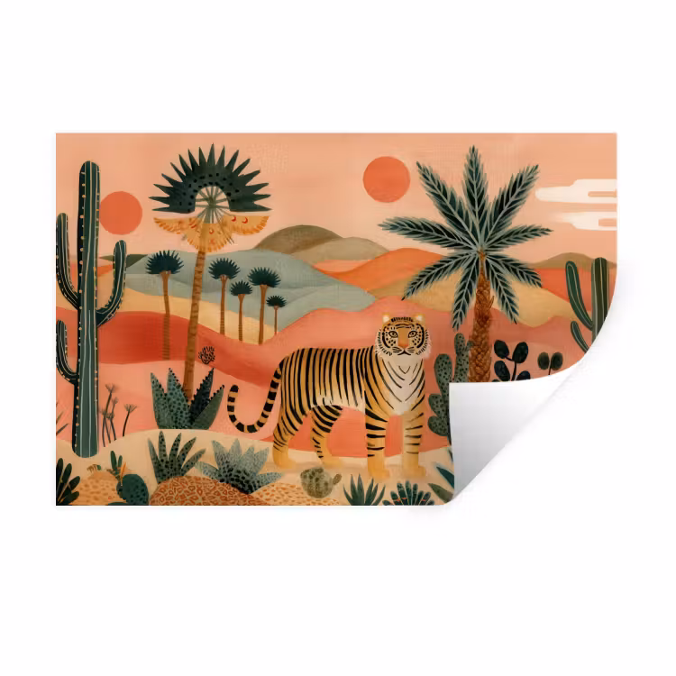 Muursticker - Tijger - Kleurrijk - Palmen - Cactus — 1