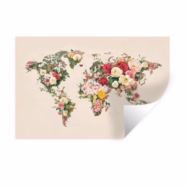 Muursticker - Wereldkaart - Bloemen - Roze — 1