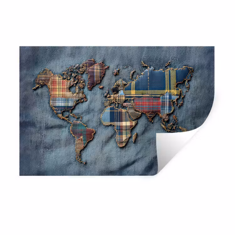 Muursticker - Wereldkaart - Denim - Textiel — 1
