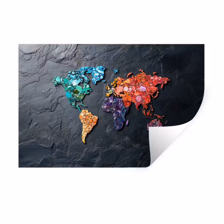 Muursticker - Wereldkaart - Edelstenen - Regenboog - Ruw — 1