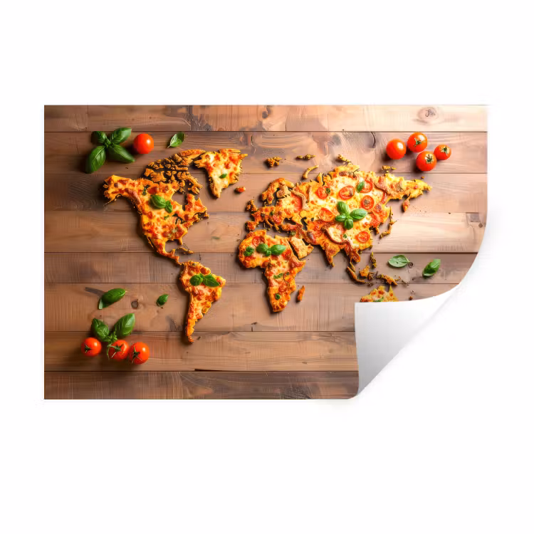 Muursticker - Wereldkaart - Pizza - Houten ondergrond — 1