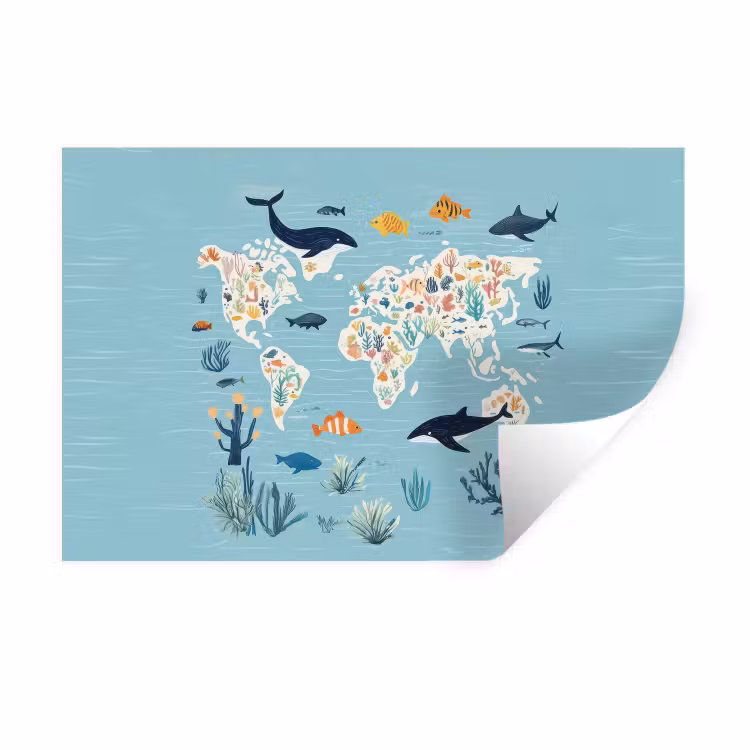 Muursticker - Wereldkaart - Zeeleven - Blauw — 1