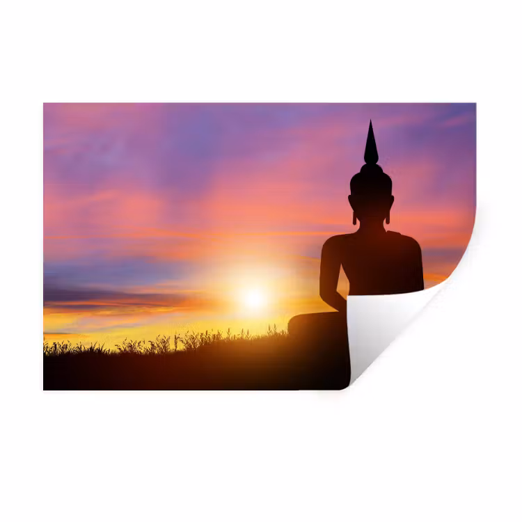 Muursticker - Zonsondergang - Horizon - Boeddha beeld - Buddha - Silhouette — 1