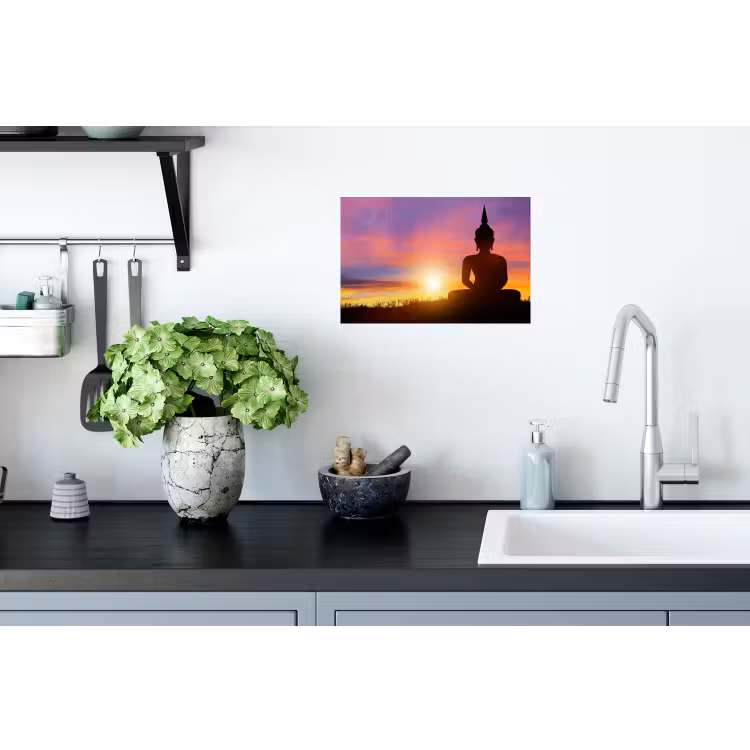 Muursticker - Zonsondergang - Horizon - Boeddha beeld - Buddha - Silhouette — 2