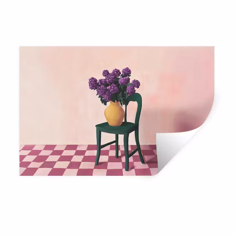 Muursticker - Stoel - Vaas - Bloemen - Geblokt — 1