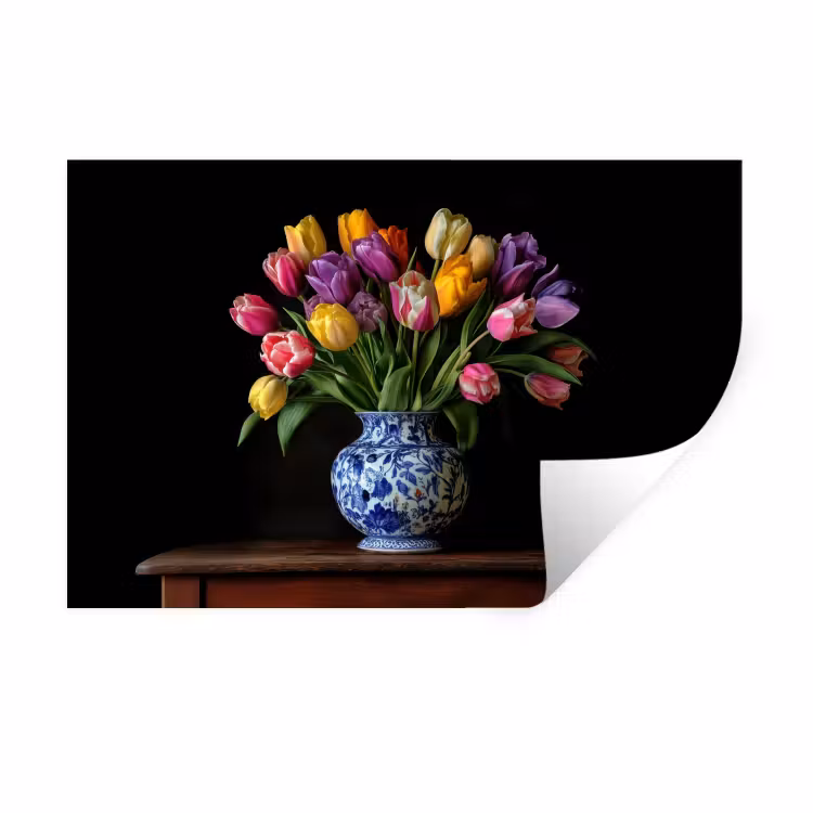 Muursticker - Tulpen - Kleuren - Hout - Vaas — 1