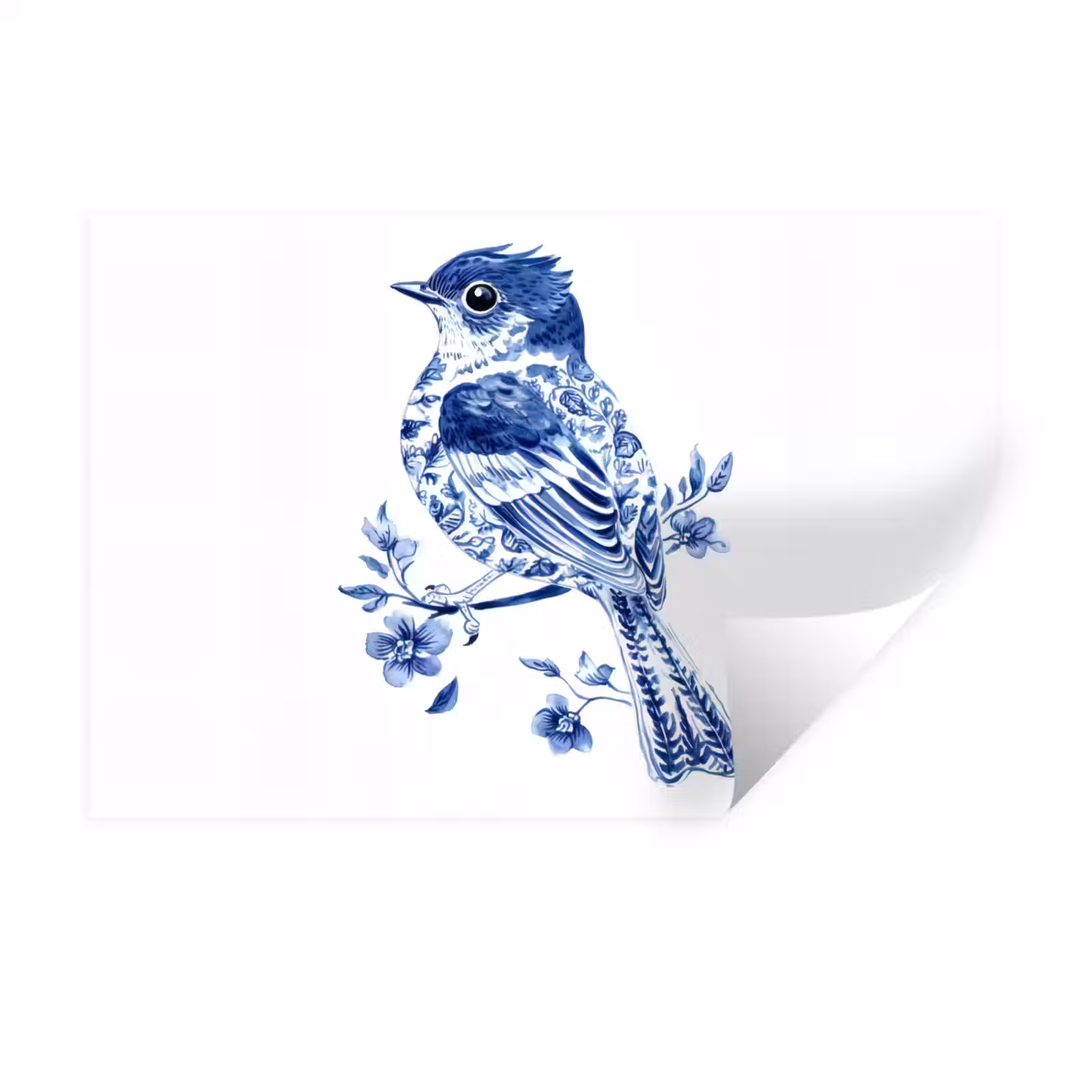 Muursticker - Vogel - Delfts blauw - Illustratie - Bloemen — 1