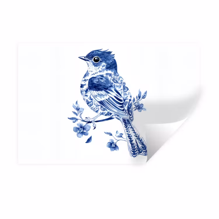 Muursticker - Vogel - Delfts blauw - Illustratie - Bloemen — 1