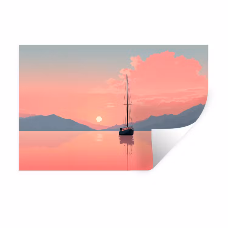 Muursticker - Zeilboot - Roze zee - Zonsondergang - Bergen — 1