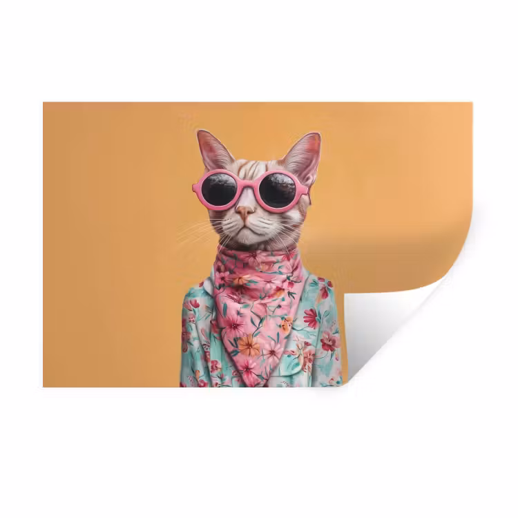 Muursticker - Zonnebril - Kat - Sjaal - Bloemen — 1