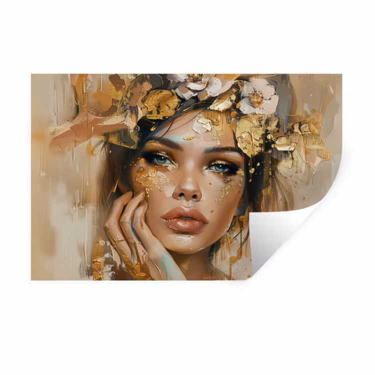 Muursticker - Vrouw - Bloemen - Goud - Portret — 1