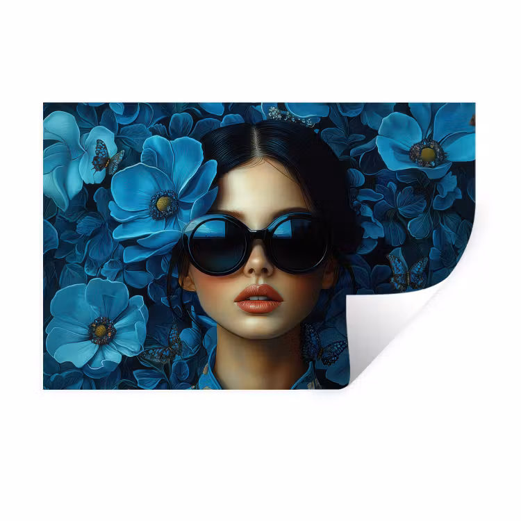 Muursticker - Vrouw - Bloemen - Blauw - Aesthetic - Luxe — 1