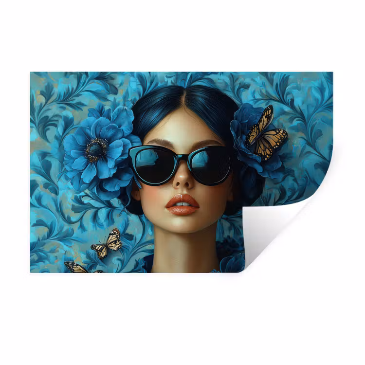 Muursticker - Vrouw - Bloemen - Vlinders - Blauw - Abstract — 1