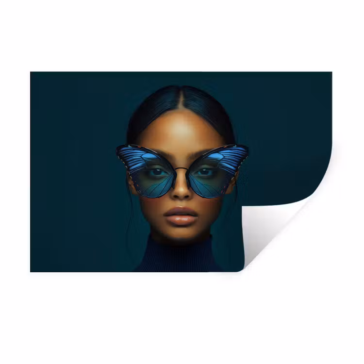 Muursticker - Vrouw - Vlinder - Bril - Blauw - Modern - Portret — 1