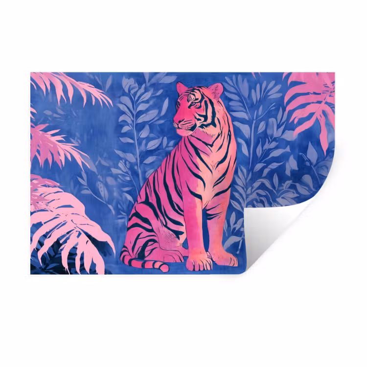 Muursticker - Tijger - Roze - Bladeren - Jungle — 1