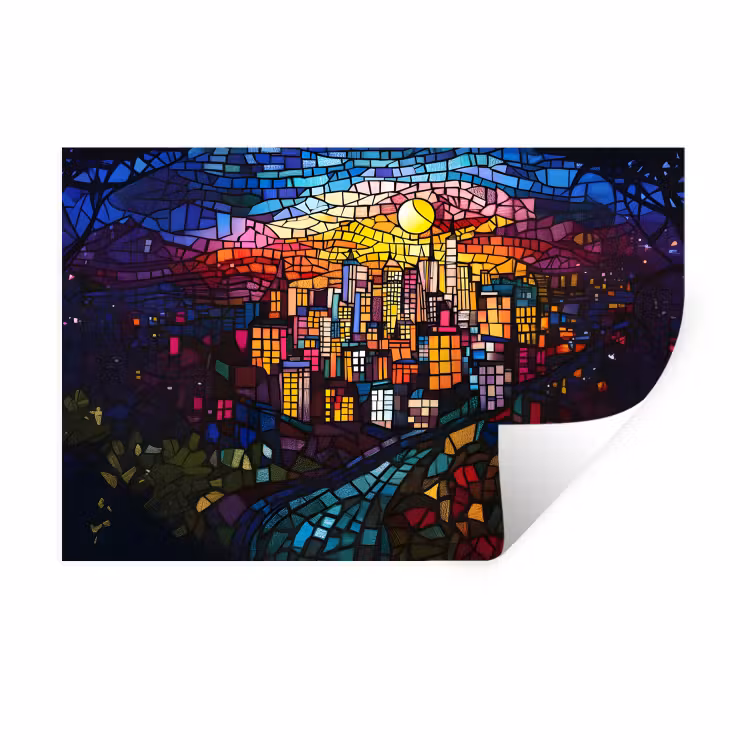 Muursticker - Stad - Maan - Mozaïek - Kleurrijk — 1
