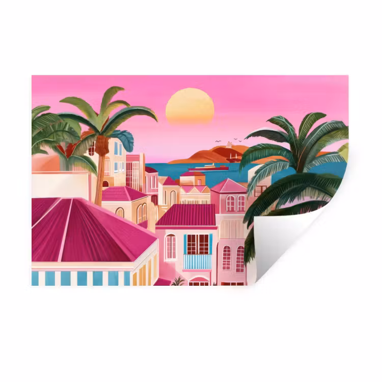 Muursticker - Stad - Roze - Palmbomen — 1